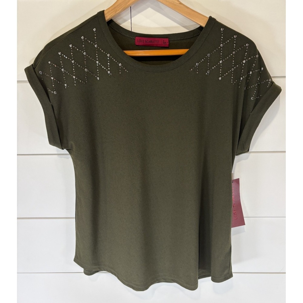 Love Scarlett Dark Green Shirt w/Rhinestone Accents Women's Size M NEW NWT